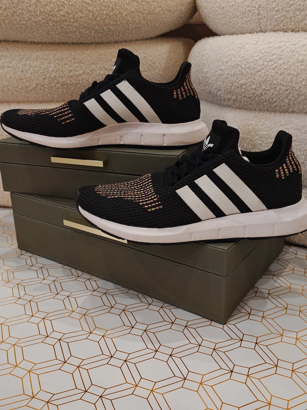 adidas Women’s Black Knit Sneakers with White Stripes and Multicolor Stitching
